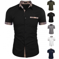 Casual Plaid Spliced Stand Collar Short Sleeve Shirt for Men
