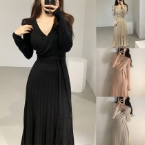 Elegant Solid Color V-neck Pleated Self-tie Knitted Midi Dress