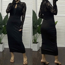 Sexy Lace Spliced Stand Collar Long Sleeve Bodycon Dress