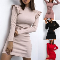 Fashion Solid Color Round Neck Ruffled Long Sleeve Bodycon Dress