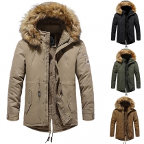 Fashion Artificial Fur Spliced Hooded Long Sleeve Plush Lined Jacket for Men