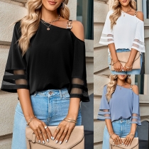 Casual Gauze Spliced Chain Open-shoulder Shirt