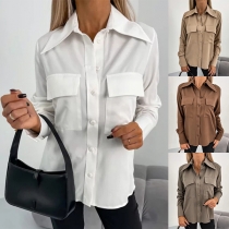 Casual Solid Color Stand Collar Patch Pockets Long Sleeve Blouse