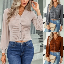 Casual V-neck Long Sleeve Ruched Buttoned Crop Knitted Shirt