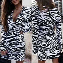 Street Fashion Zebra Print V-neck Long Sleeve Self-tie Dress