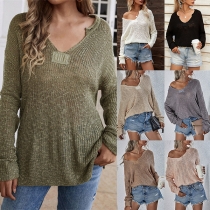 Casual Solid Color V-neck Long Sleeve Knitted Shirt
