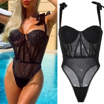 Sexy Bling-bling Semi-through Self-tie Bowknot Bodysuit