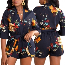 Fashion Floral Printed V-neck Short Sleeve Self-tie Romper