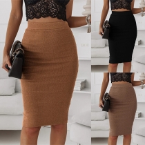 Fashion Solid Color High-rise Ribbed Slim-fit Skirt