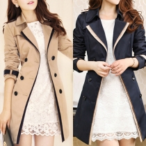 Vintage Contrast Color Stand Collar Long Sleeve Lapel Double-breasted Jacket