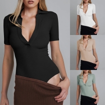 Sexy Solid Color Stand Collar V-neck Short Sleeve Bodysuit