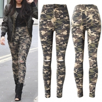 Street Fashion Camouflage Printed Ripped Skinny Denim Jeans