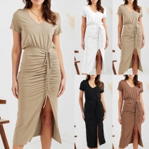 Casual Solid Color V-neck Short Sleeve Ruched Drawstring Slit Bodycon Dress