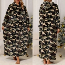 Fashion Warm Camouflage Printed Hooded Longline Loungewear Plush Hooded Dress