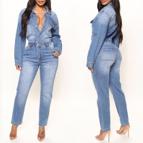 Street Fashion Old-wash Buttoned Long Sleeve Denim Jumpsuit