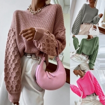 Fashion Solid Color Round Neck Long Sleeve Knitted Sweater