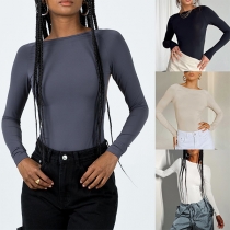Sexy Solid Color Round Neck Long Sleeve Backless Bodysuit