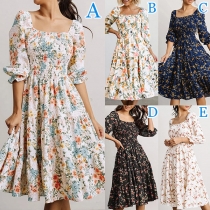 Fashion Floral Printed Square Neck Elbow Sleeve Dress