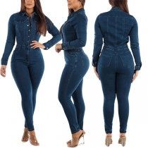 Street Fashion Stand Collar Long Sleeve Buttoned Slim Fit Denim Jumpsuit