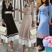 Fashion Contrast Color V-neck Long Sleeve Pleated Midi-dress (without Belt)