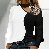 Fashion Contrast Color Rhinestone Star Open Shoulder Long Sleeve Mock Neck Shirt