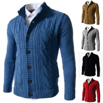 Fashion Solid Color Stand Collar Button Long Sleeve Knitted Cardigan for Men