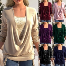 Fashion Sequined Spliced Draped Neck Ruched Long Sleeve Shirt