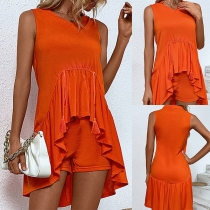Casual Solid Color Two-piece Set Consist of High-low Hemline Shirt and Shorts