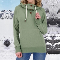 Fashion Solid Color Long Sleeve Buttoned Stand Collar Kangaroo Pocket Hooded Sweatshirt