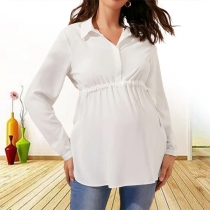 Fashion Stand Collar V-neck Long Sleeve White Maternity Shirt