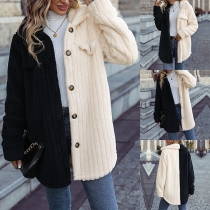 Fashion Black and Beige Contrast Color Long Sleeve Plush Jacket