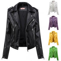 Fashion Stand Collar Long Sleeve Zipper Artificial Leather PU Jacket