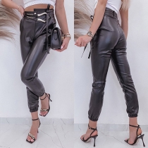 Fashion High-rise Spliced Artificial Leather PU Pants