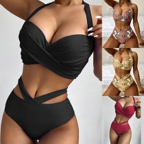 Sexy Two-piece Bikini Set Consist of Halter Bikini Top and Cutout Bikini Bottom