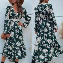 Fresh Style Floral Printed Lace Spliced V-neck Long Sleeve Midi-dress