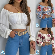 Sexy Ruched Floral Printed Off-the-shoulder Long Sleeve Self-tie Crop Shirt