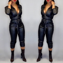 Street Fashion Stand Collar Zipper Long Sleeve Self-tie Slim Fit Artificial Leather PU Jumpsuit