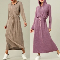 Casual Solid Color Long Sleeve Drawstring Hoodied Dress