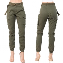 Fashion Solid Color Mutil-pockets Skinny Pants