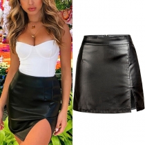 Sexy Solid Color Slit Artificial Leather PU Skirt