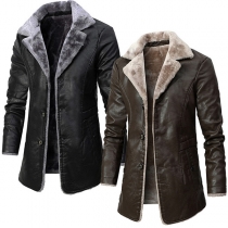 Fashion Notch Lapel Plush Lined Artificial Leather PU Jacket for Men