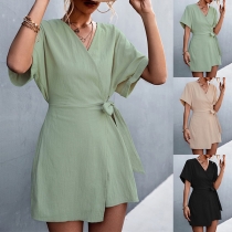 Fashion Solid Color V-neck Short Sleeve Wrap Romper