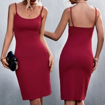 Sexy Solid Color Backless Bodycon Slip Dress