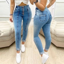 Fashion Old-washed Buttoned High-rise Skinny Jeans