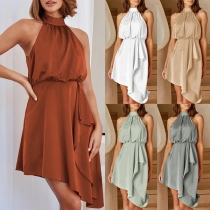 Fashion Solid Color Halter Neck Sleeveless Irregular Hemline Dress