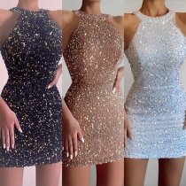 Sexy Bling-bling Sequined Halter Sleeveless Bodycon Party Dress