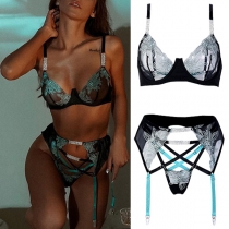 Sexy Floral Embroidery Rhinestone Three-piece Lingerie Set