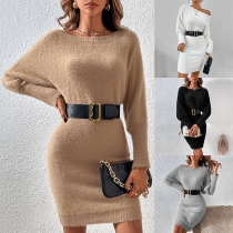 Fashion Solid Color Round Neck Long Sleeve Knitted Dress