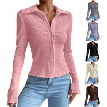 Casual Solid Color Stand Collar Long Sleeve Buttoned Shirt