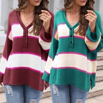 Street Fashion Contrast Color Stripe V-neck Long Sleeve Slit Knitted Sweater